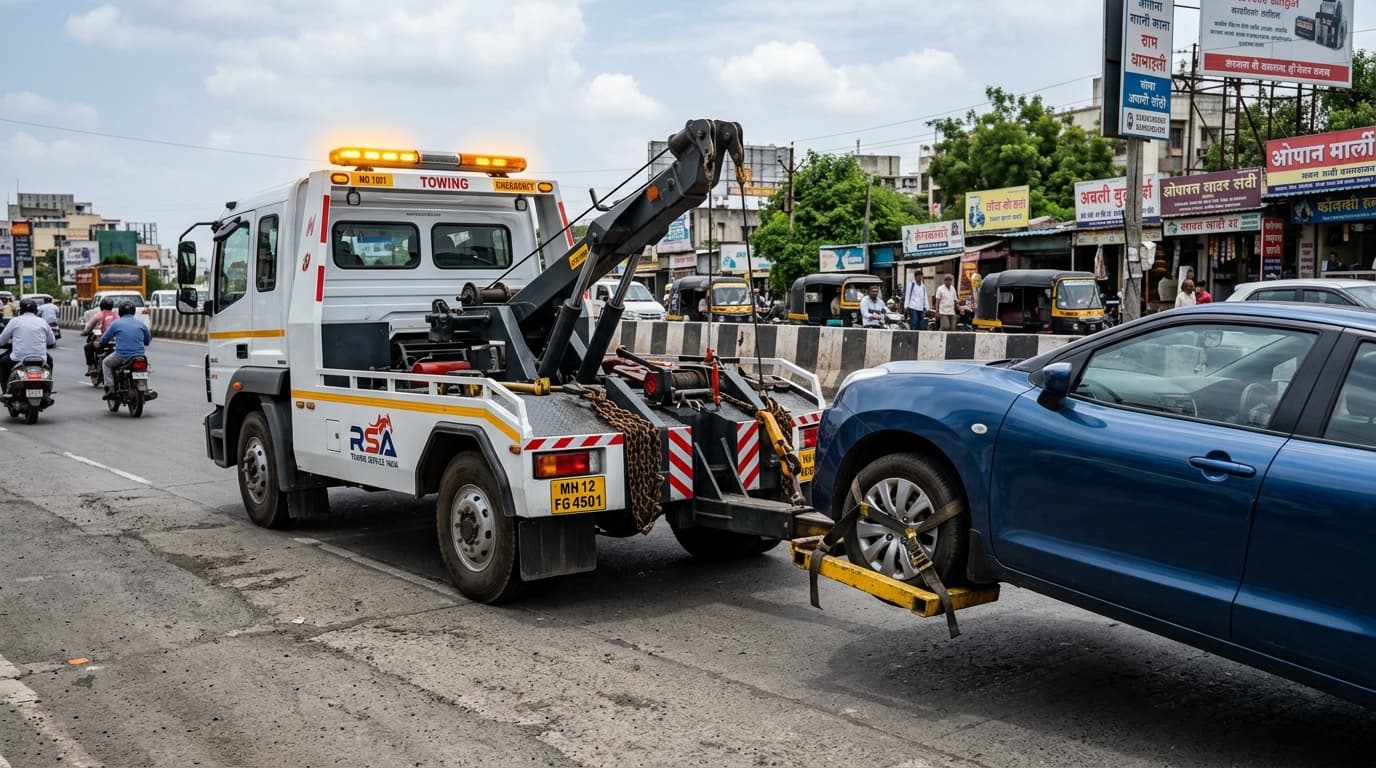 Car towing truck performing wheel-lift recovery in Hassan Karnataka