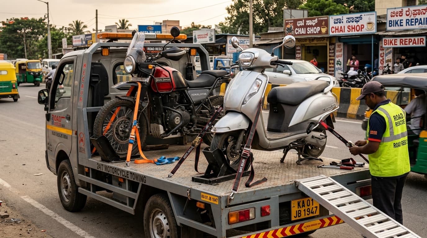 Two-wheeler motorcycle secured on towing recovery truck bed