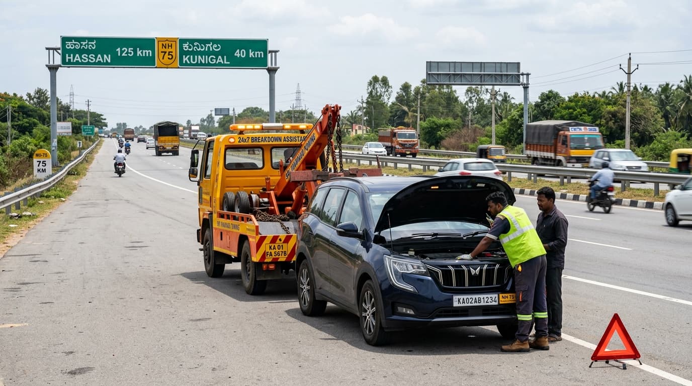 Hassan Towing Service recovery operation on NH-75 highway